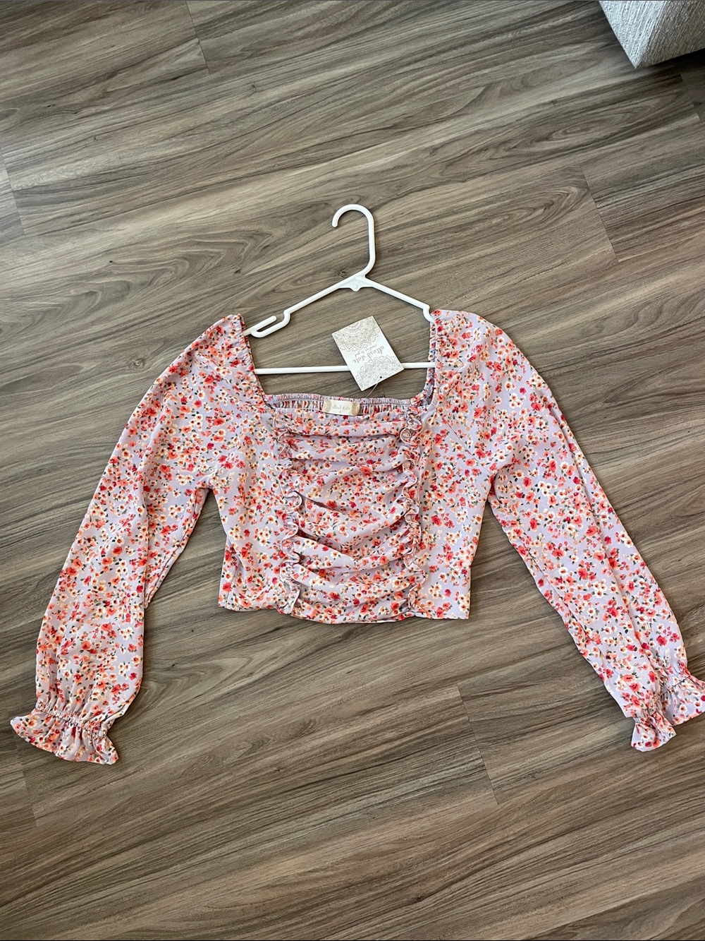 Altar'd State Pink Floral Ruffle-Front Crop Blouse